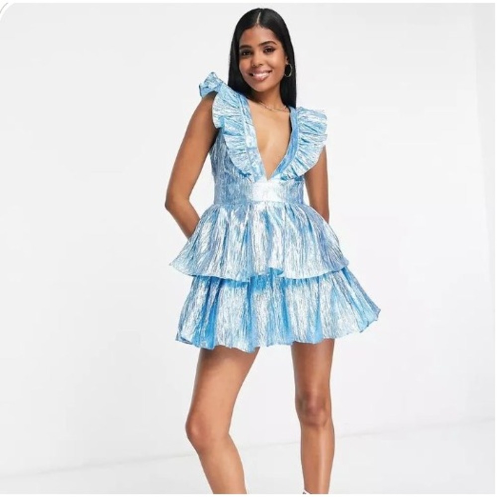 Collective The Label Powder Blue Metallic Ruffle Tiered Mini Dress GC0671 US 8